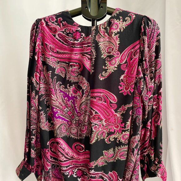 Karen Kane Paisley Balloon Sleeve V-Neck Crepe Blouse - Picture 2 of 8
